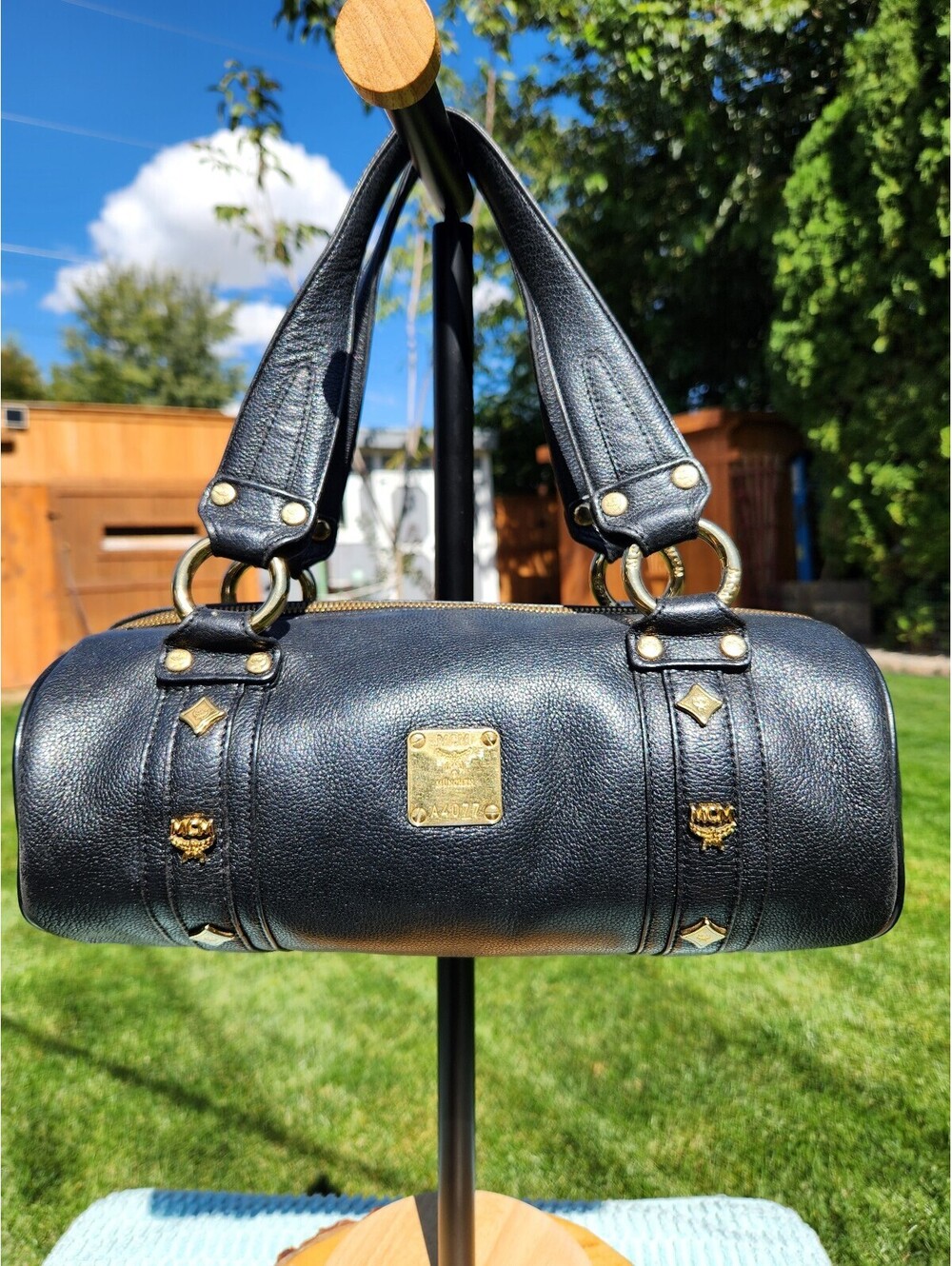 MCM Black Leather Barrel Bag with Gold Hardware